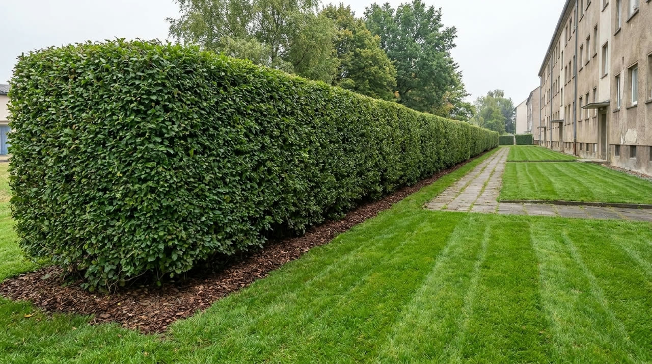 Gepflegte Hecke und Rasen nach der Grünpflege